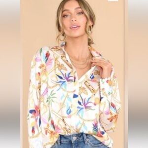 Aura White Gold Chain and Butterly Detail Button Up Blouse Size XL NWT